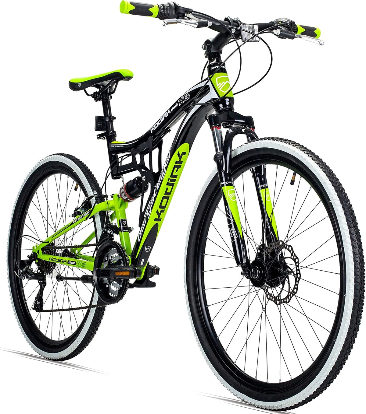 Rower górski Bergsteiger Kodiak (koła 26 lub 29 cali), hamulce tarczowe, 21-biegowy napęd Shimano, pełna amortyzacja (full-suspension) – rower MTB dla chłopców, dziewcząt, kobiet i mężczyzn