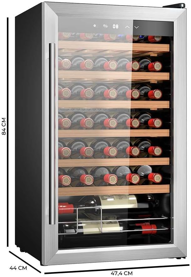 Cecotec Bolero Grandsommelier 34030, chłodziarka do wina ze stali nierdzewnej, kompresorowa, 34 butelki, 80 l, chłodzenie kompresorowe, regulowana temperatura od 5 do 18ºC, sterowanie dotykowe, wyświetlacz, wewnętrzne oświetlenie LED.