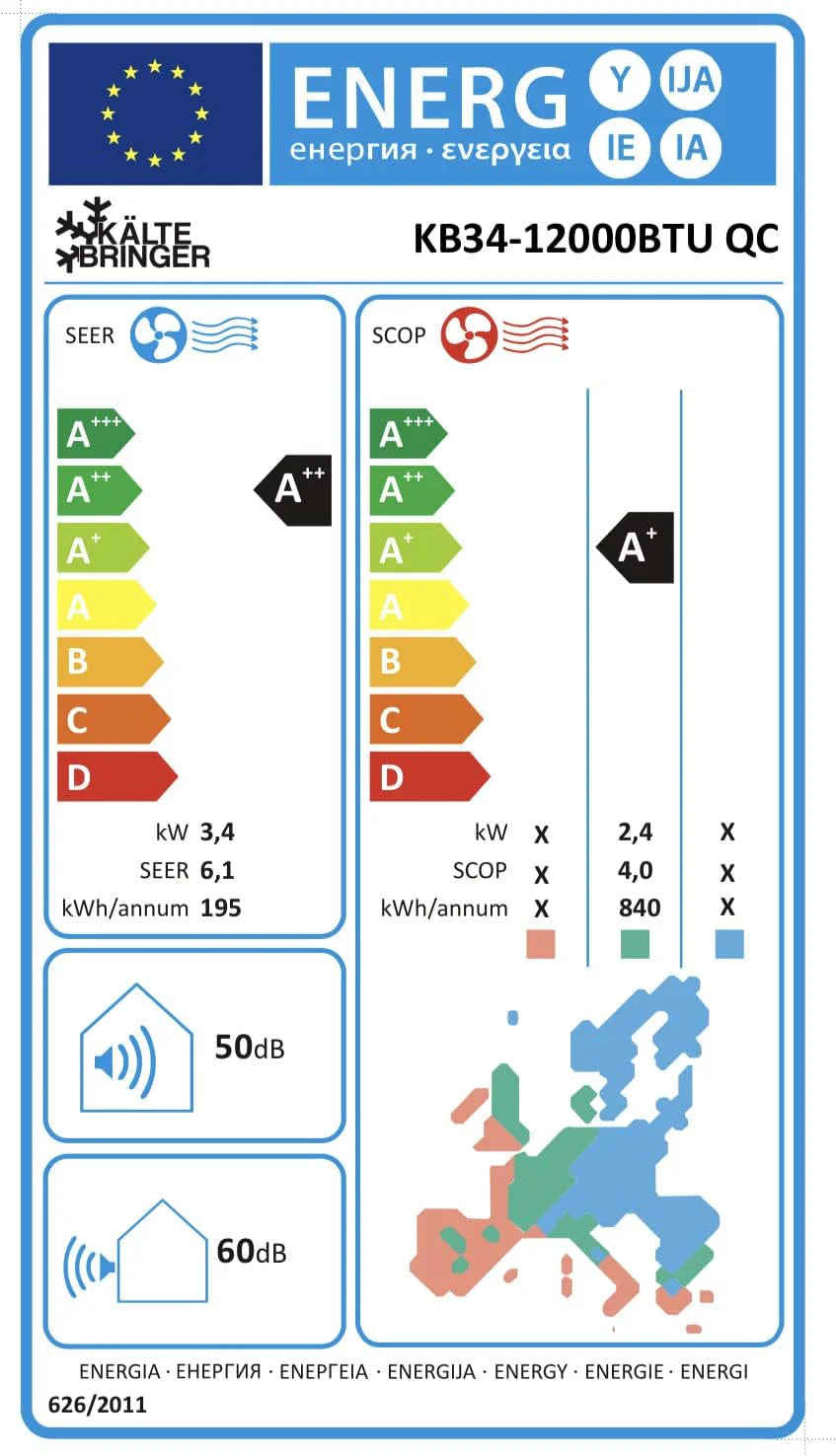 Klimatyzator typu split firmy Kältebringer z funkcją szybkiego łączenia – 12000 BTU (3,4 kW) z funkcją grzania, Wi-Fi i aplikacją, do 91 m2, bardzo cichy – 5 m rur miedzianych, czynnik chłodniczy R32, materiały montażowe, uchwyt ścienny