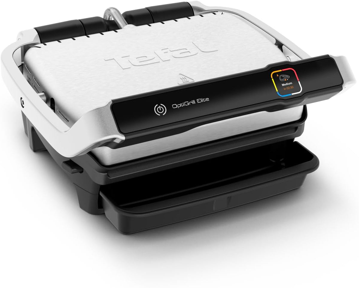 Grill kontaktowy Tefal OptiGrill Elite, 12 programów, wyświetlacz cyfrowy ze wskaźnikiem poziomu wysmażenia, wyjmowane płyty, grill elektryczny, stal nierdzewna, GC750D16