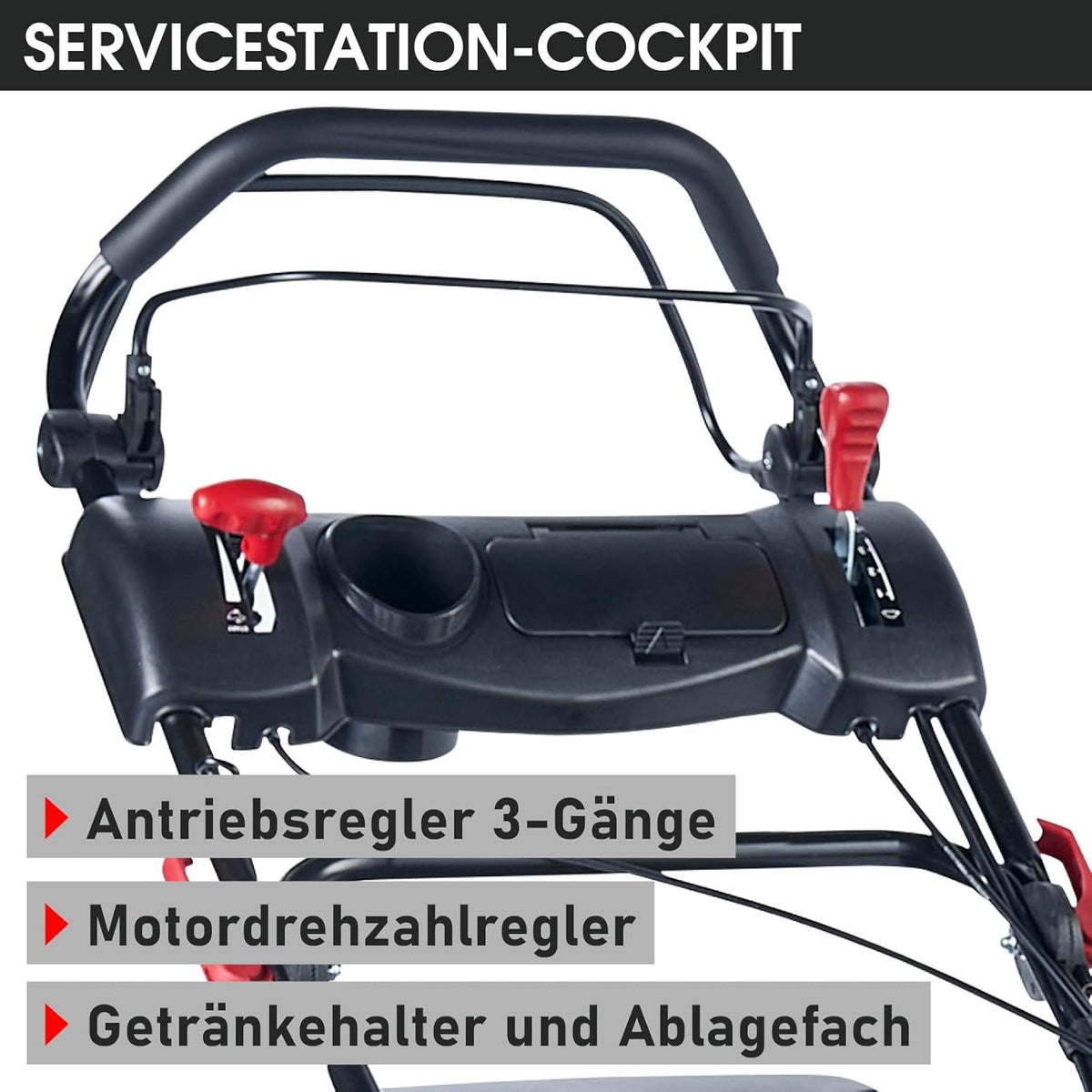 Spalinowa kosiarka do trawy BRAST z napędem | 5,2 kW (7 KM) | Rozruch elektryczny | Szerokość koszenia 48 cm | Różne modele | Certyfikat TÜV | Silnik czterosuwowy OHV | Wysokość koszenia 30–80 mm | Kosz na trawę 60 l | Stalowa obudowa | Model 19224 E