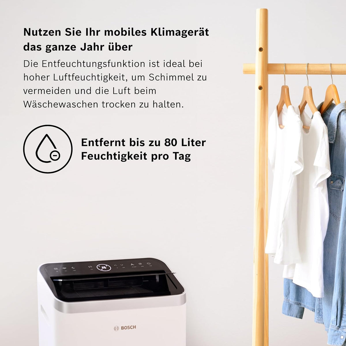 Klimatyzator przenośny Bosch Cool 4000 – 3 w 1: klimatyzator, osuszacz powietrza, wentylator – 2,6 kW do pomieszczeń o powierzchni do 35 m² – z trybem automatycznym, trybem cichym i trybem uśpienia
