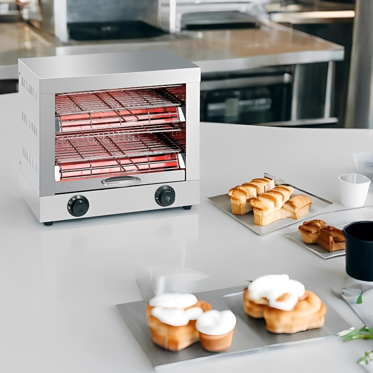 MBH – Elektryczny przemysłowy toster ze stali nierdzewnej (dwupoziomowy) dla branży gastronomicznej. Profesjonalny toster do pieczywa dla barów i restauracji.