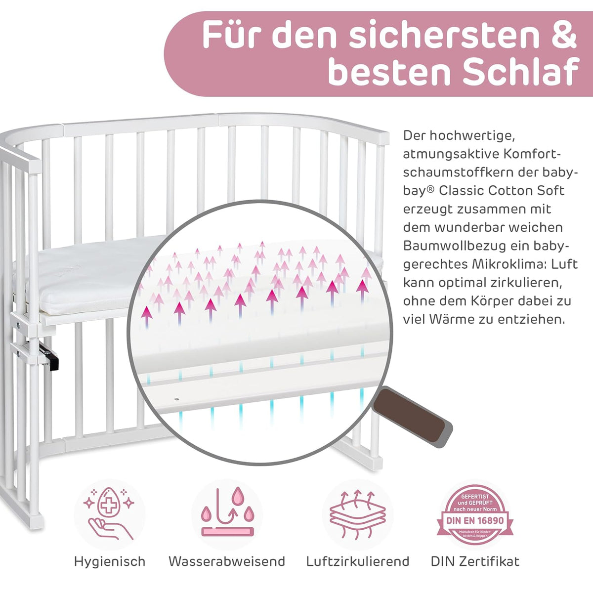 Oryginalne łóżeczko dostawne Babybay z litego drewna bukowego / kompaktowe i rozkładane / płynna regulacja wysokości łóżeczka i przyjazne dla środowiska / rośnie wraz z dzieckiem (lakierowane na biało) / w zestawie materac