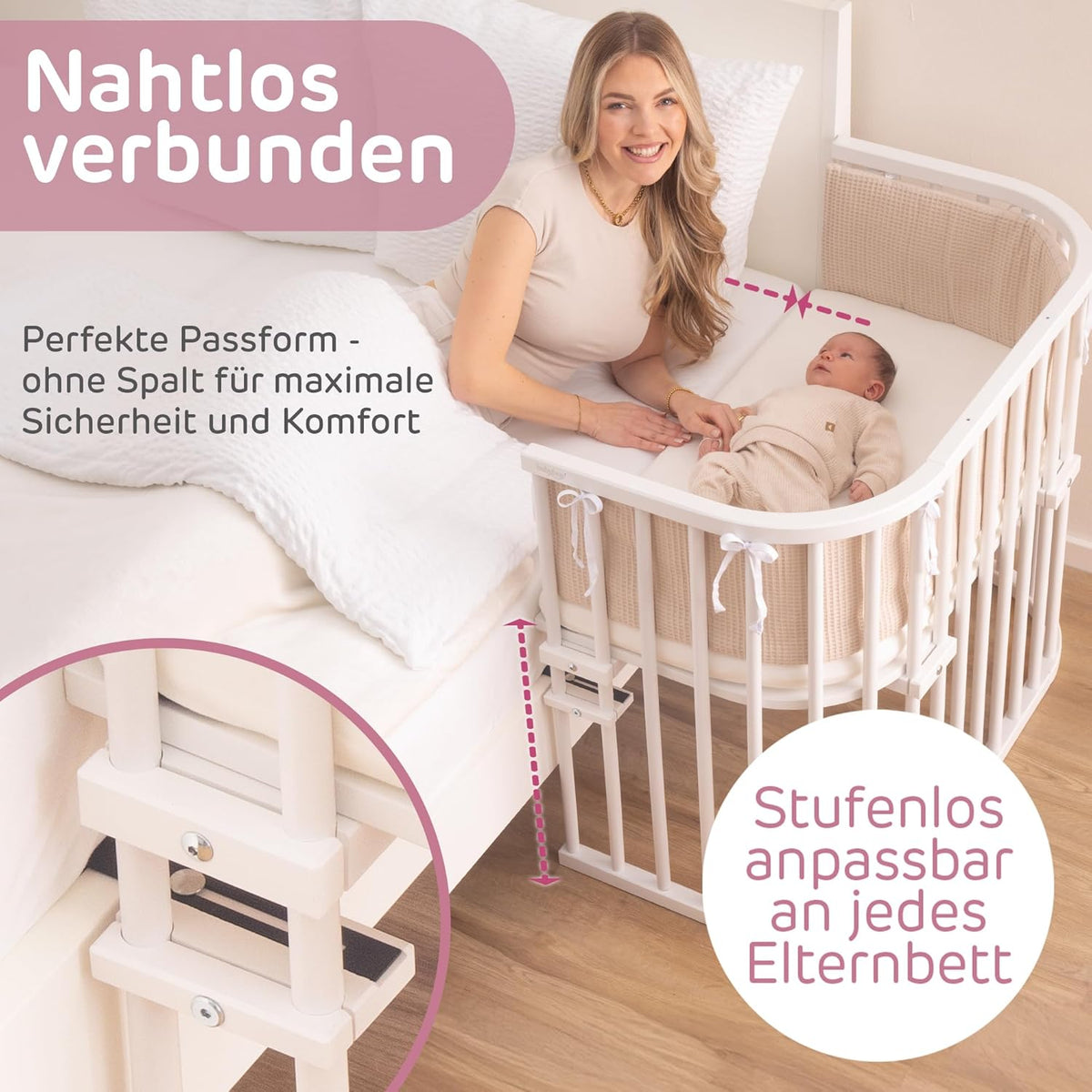 Oryginalne łóżeczko dostawne Babybay z litego drewna bukowego / kompaktowe i rozkładane / płynna regulacja wysokości łóżeczka i przyjazne dla środowiska / rośnie wraz z dzieckiem (lakierowane na biało) / w zestawie materac