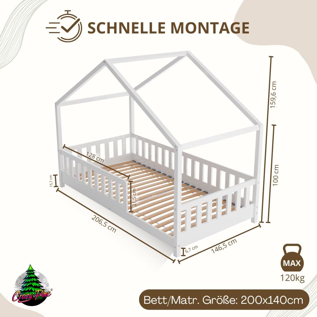 Łóżko Crazy Pine House z szufladami 200x90 cm – łóżko dziecięce z naturalnego drewna z zabezpieczeniem przed upadkiem – łóżko Montessori z dodatkową przestrzenią do przechowywania i wyjmowaną barierką – Crazy House