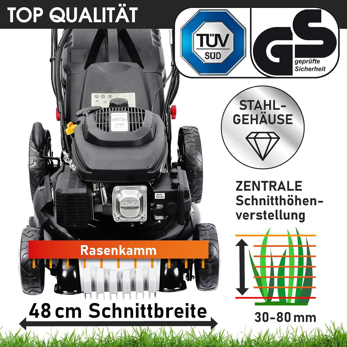 Spalinowa kosiarka do trawy BRAST z napędem | 5,2 kW (7 KM) | Rozruch elektryczny | Szerokość koszenia 48 cm | Różne modele | Certyfikat TÜV | Silnik czterosuwowy OHV | Wysokość koszenia 30–80 mm | Kosz na trawę 60 l | Stalowa obudowa | Model 19224 E