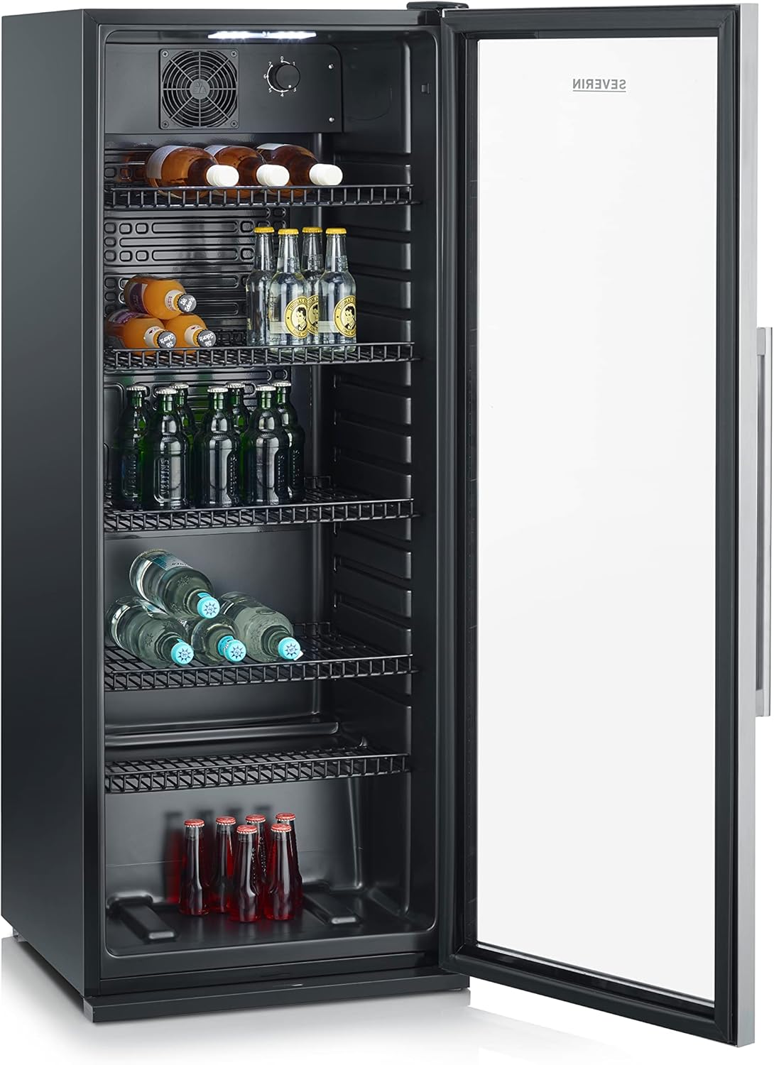 Chłodziarka do butelek SEVERIN, ze zintegrowanym zamkiem i oświetleniem LED, pojemność netto 118 l, kolor czarny/srebrny, FSK 8840