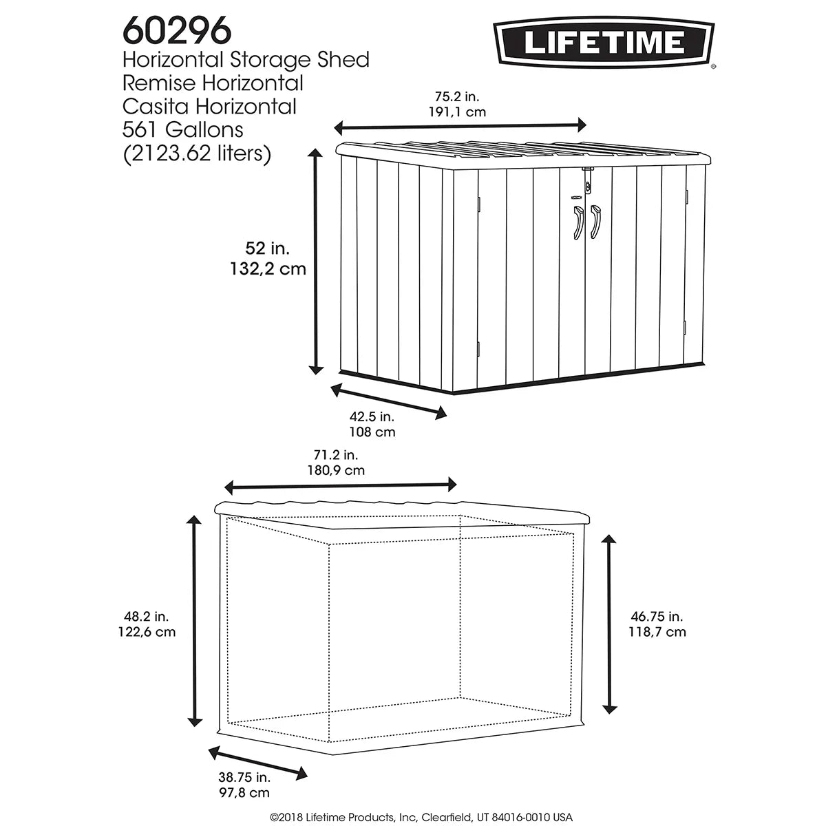 Poziomy schowek ogrodowy Lifetime 2026 (1,9 x 1,1 m) – pojemność 2407 l