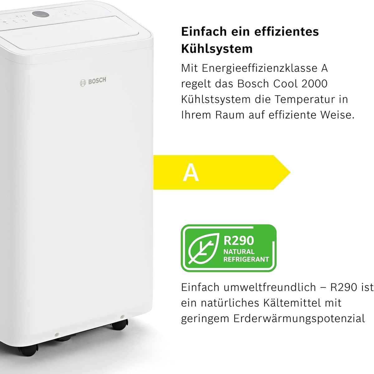 Klimatyzator przenośny Bosch Cool 4000 – 3 w 1: klimatyzator, osuszacz powietrza, wentylator – 2,6 kW do pomieszczeń o powierzchni do 35 m² – z trybem automatycznym, trybem cichym i trybem uśpienia