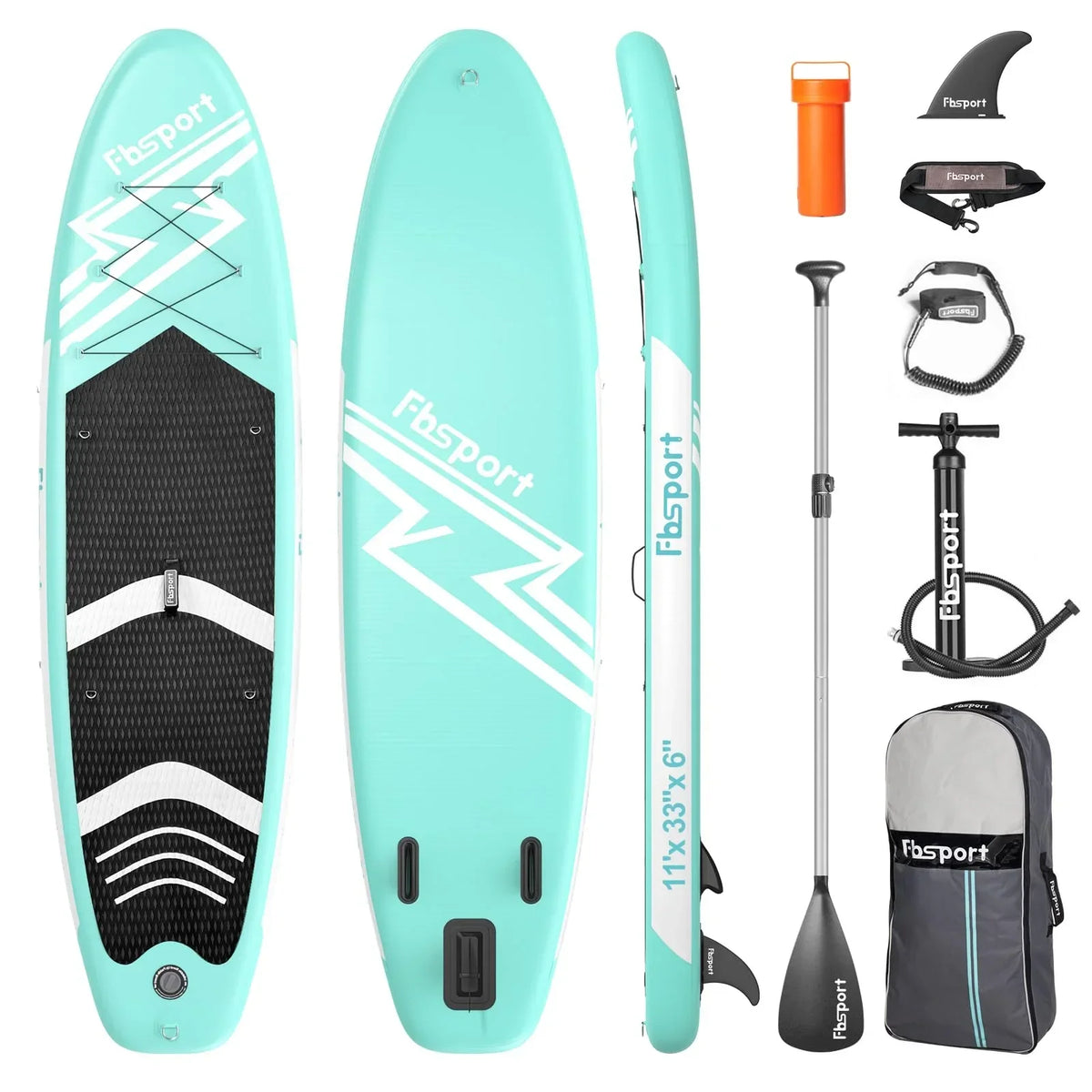 FBSPORT opblaasbaar SUP-board (model 2026), 15 cm dik, complete set met verstelbare aluminium peddel en pomp (groen)