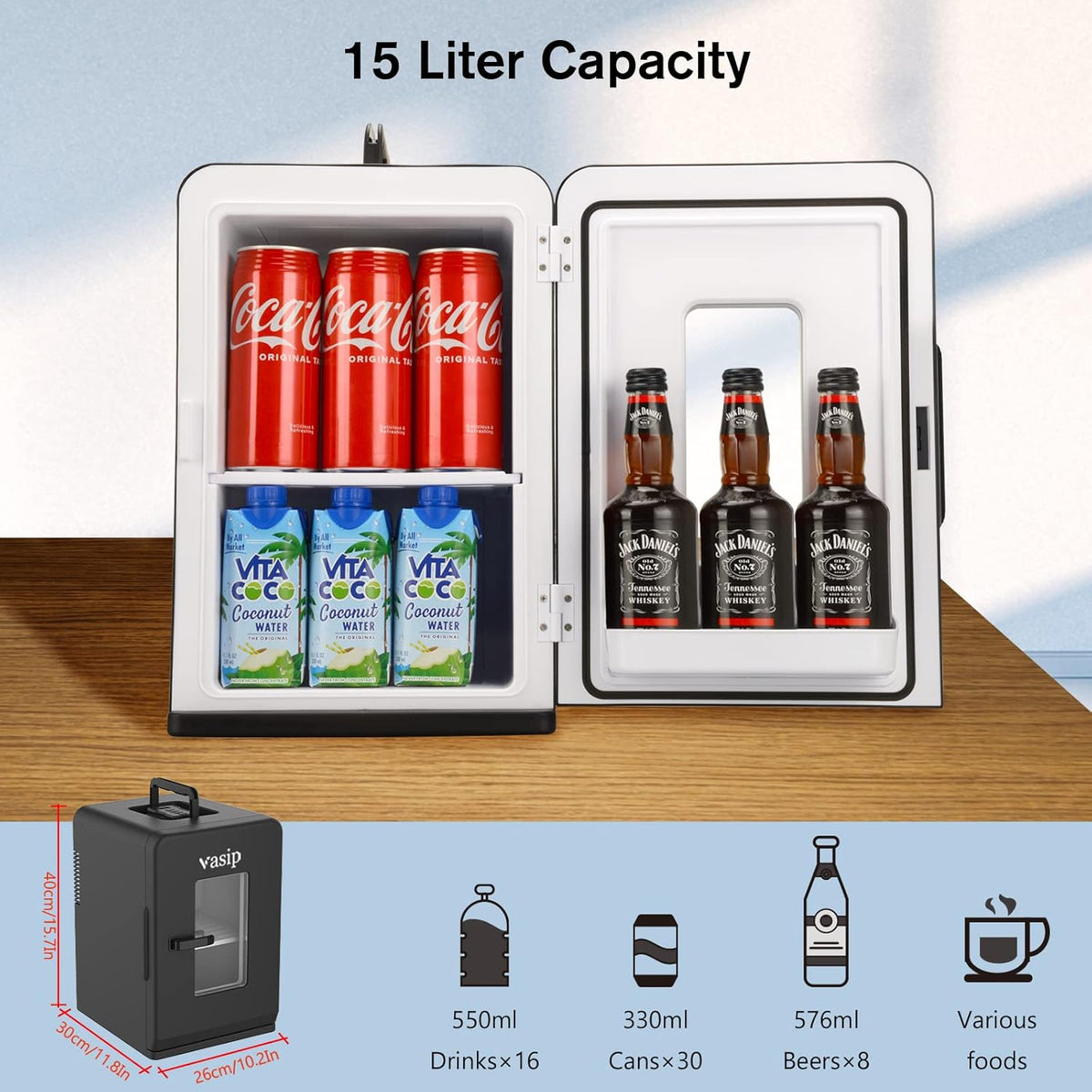 Mini lodówka Vasip 15 l, przenośna z funkcją chłodzenia i podgrzewania, mała lodówka na napoje do domu, biura, na kemping i do samochodu (prąd zmienny/stały)