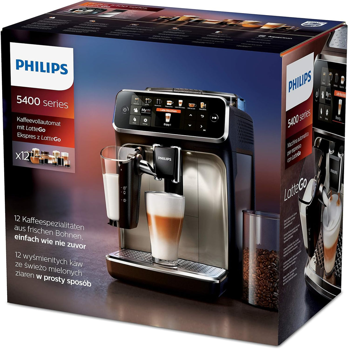 W pełni automatyczny ekspres do kawy Philips Series 5400 – system mleczny LatteGo, 12 specjałów kawowych, intuicyjny wyświetlacz, 4 profile użytkowników, chrom (EP5447/90)