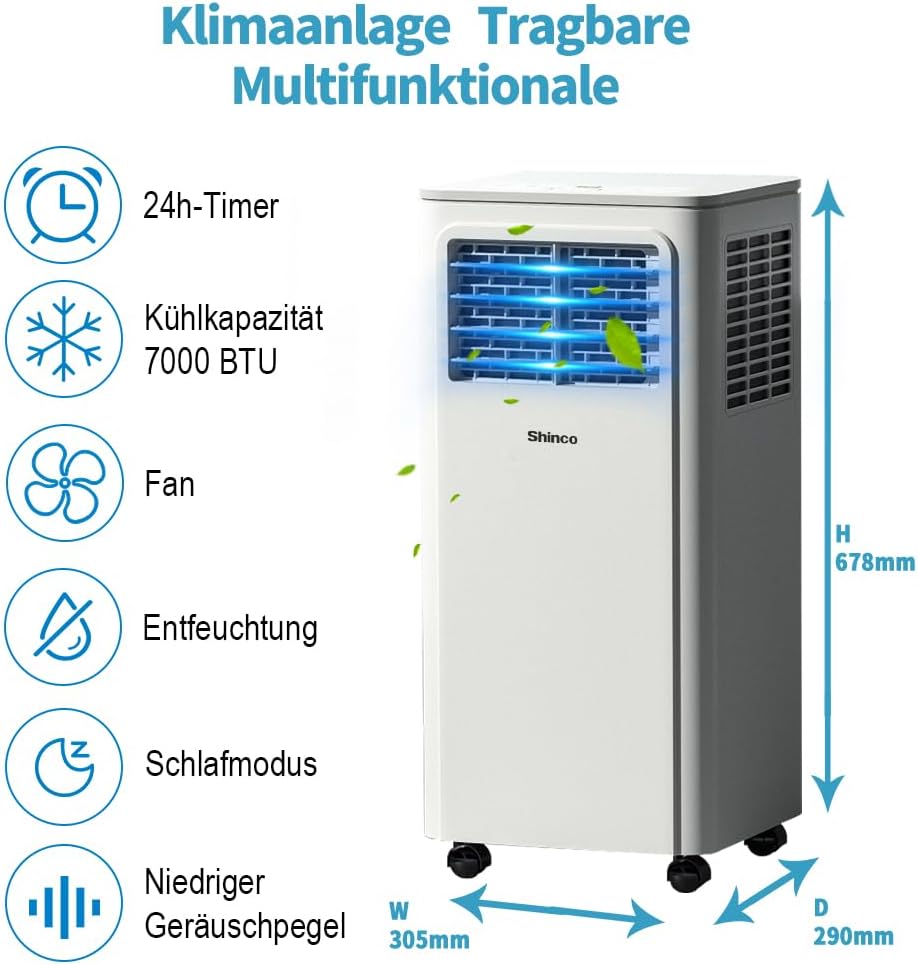 Przenośna klimatyzacja SHINCO z przewodem wydechowym, 9000 BTU, 2,6 kW, chłodzenie, wentylacja i osuszanie, przenośna klimatyzacja z trybem uśpienia, powierzchnia pomieszczenia do 22 m², 24-godzinny timer