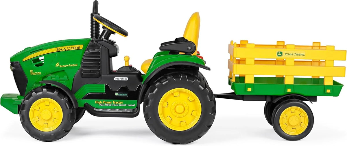 Ciągnik elektryczny John Deere RC Peg Perego – elektryczny, zdalnie sterowany ciągnik dla dzieci, 12 V, z przyczepą, pilotem, napędem na 2 koła, radiem FM, 1 rok