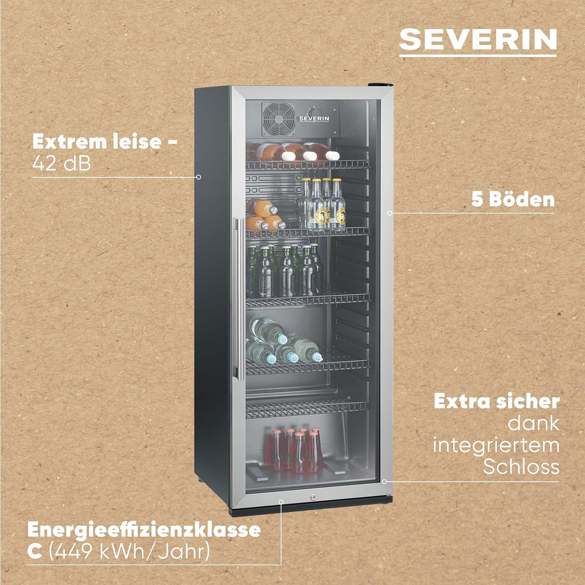 Chłodziarka do butelek SEVERIN, ze zintegrowanym zamkiem i oświetleniem LED, pojemność netto 118 l, kolor czarny/srebrny, FSK 8840