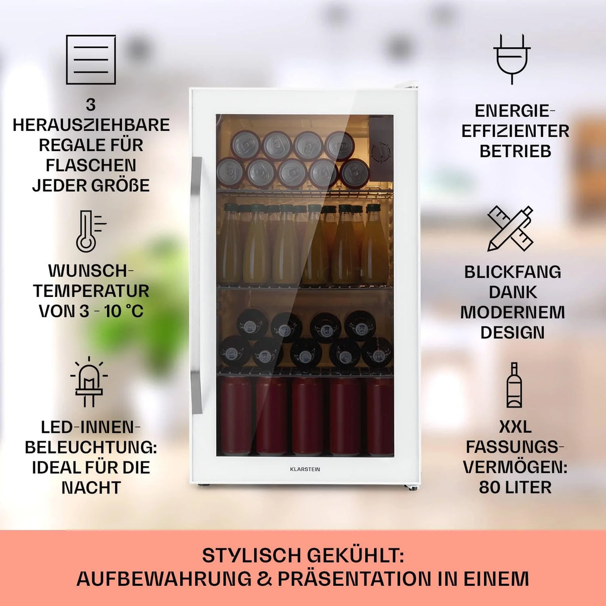 Klarstein Mini lodówka z drzwiami szklanymi do pomieszczeń, chłodziarka na napoje z regulowanymi półkami, mała 80 litrów, do użytku wewnątrz i na zewnątrz, cicha