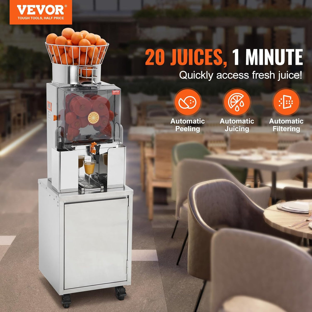 VEVOR Elektryczna Wyciskarka do Cytrusów 120 W Automatyczna Komercyjna Wyciskarka do Soku Pomarańczowego z Wyjmowanym Filtrem, Pojemnikiem na Skórki i Kranikiem Do Restauracji, Kawiarni, Sklepów z Owocami