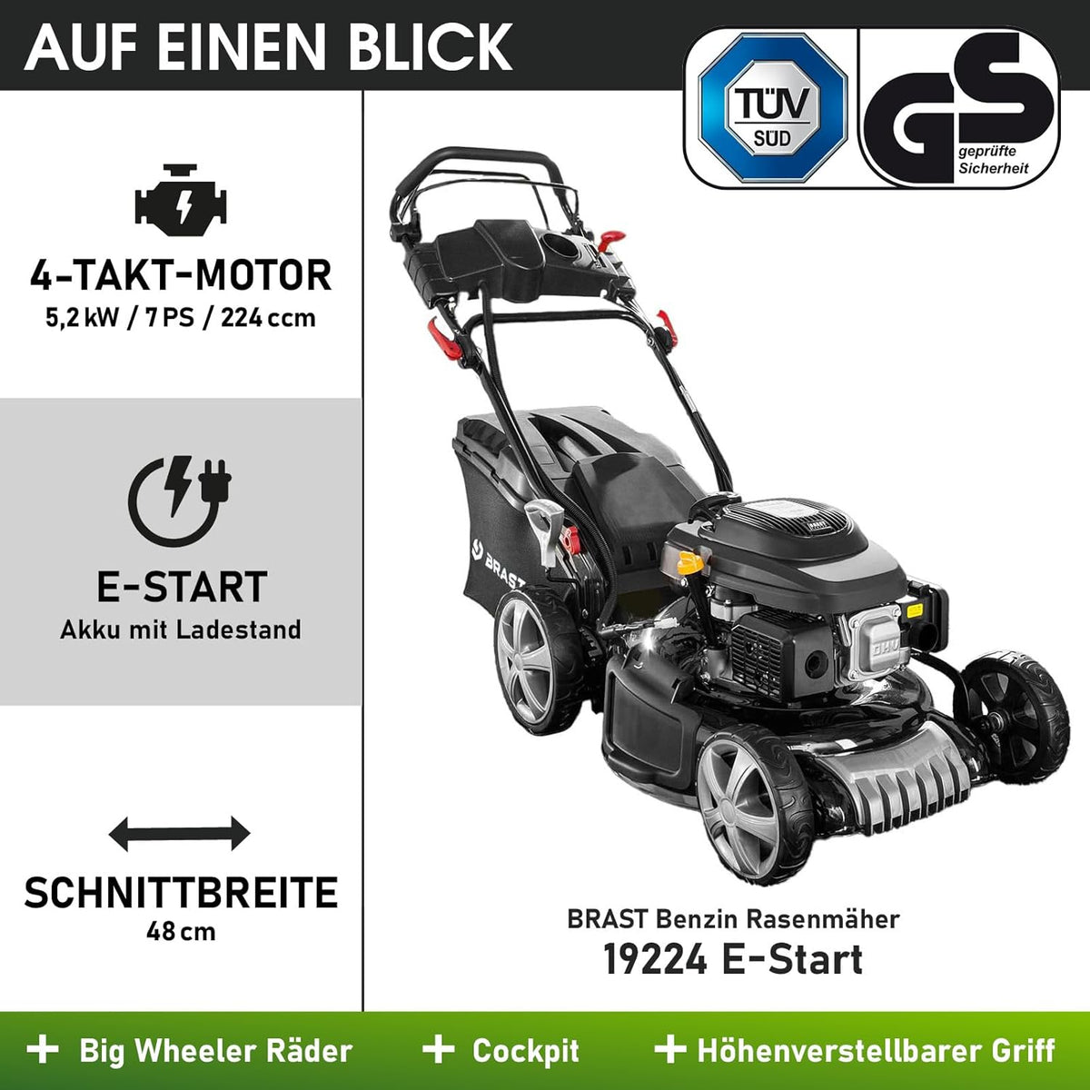 Spalinowa kosiarka do trawy BRAST z napędem | 5,2 kW (7 KM) | Rozruch elektryczny | Szerokość koszenia 48 cm | Różne modele | Certyfikat TÜV | Silnik czterosuwowy OHV | Wysokość koszenia 30–80 mm | Kosz na trawę 60 l | Stalowa obudowa | Model 19224 E
