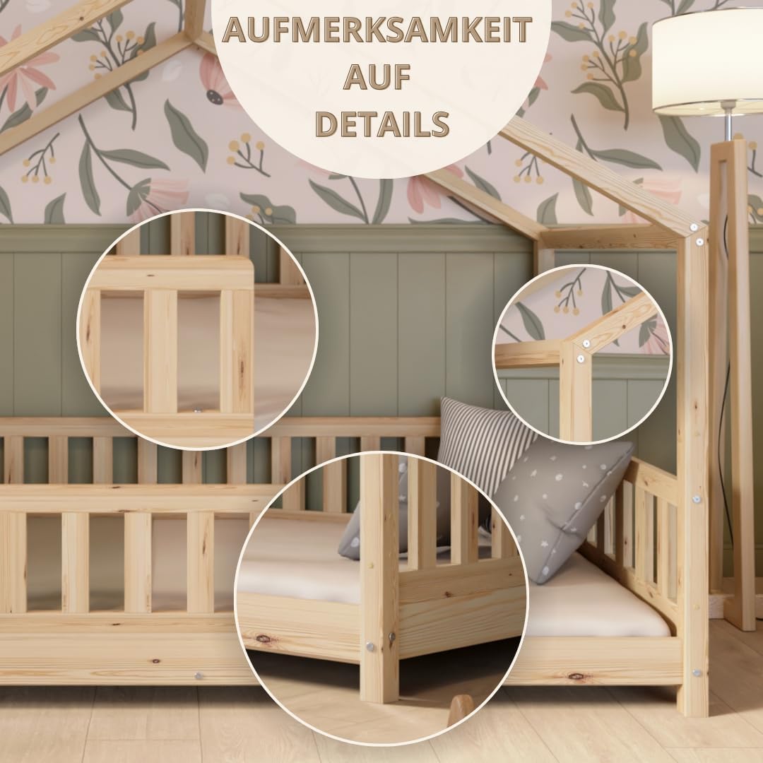 Łóżko Crazy Pine House z szufladami 200x90 cm – łóżko dziecięce z naturalnego drewna z zabezpieczeniem przed upadkiem – łóżko Montessori z dodatkową przestrzenią do przechowywania i wyjmowaną barierką – Crazy House
