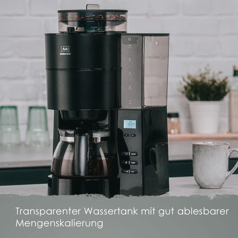 Melitta AromaFresh - Ekspres przelewowy - ze szklanym dzbankiem - wbudowanym młynkiem - funkcją timera - 10 filiżanek - Czysta czerń