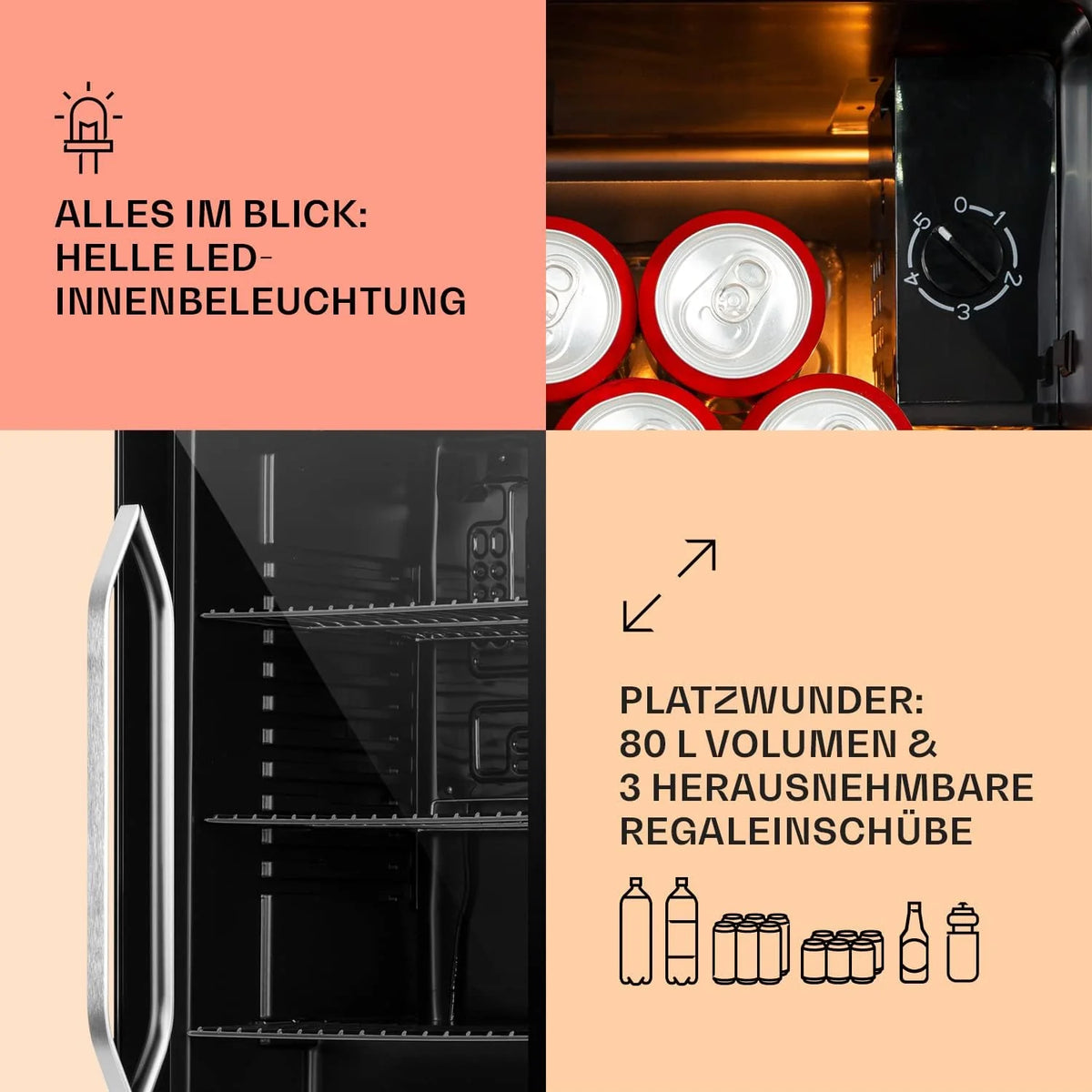 Klarstein Mini lodówka z drzwiami szklanymi do pomieszczeń, chłodziarka na napoje z regulowanymi półkami, mała 80 litrów, do użytku wewnątrz i na zewnątrz, cicha