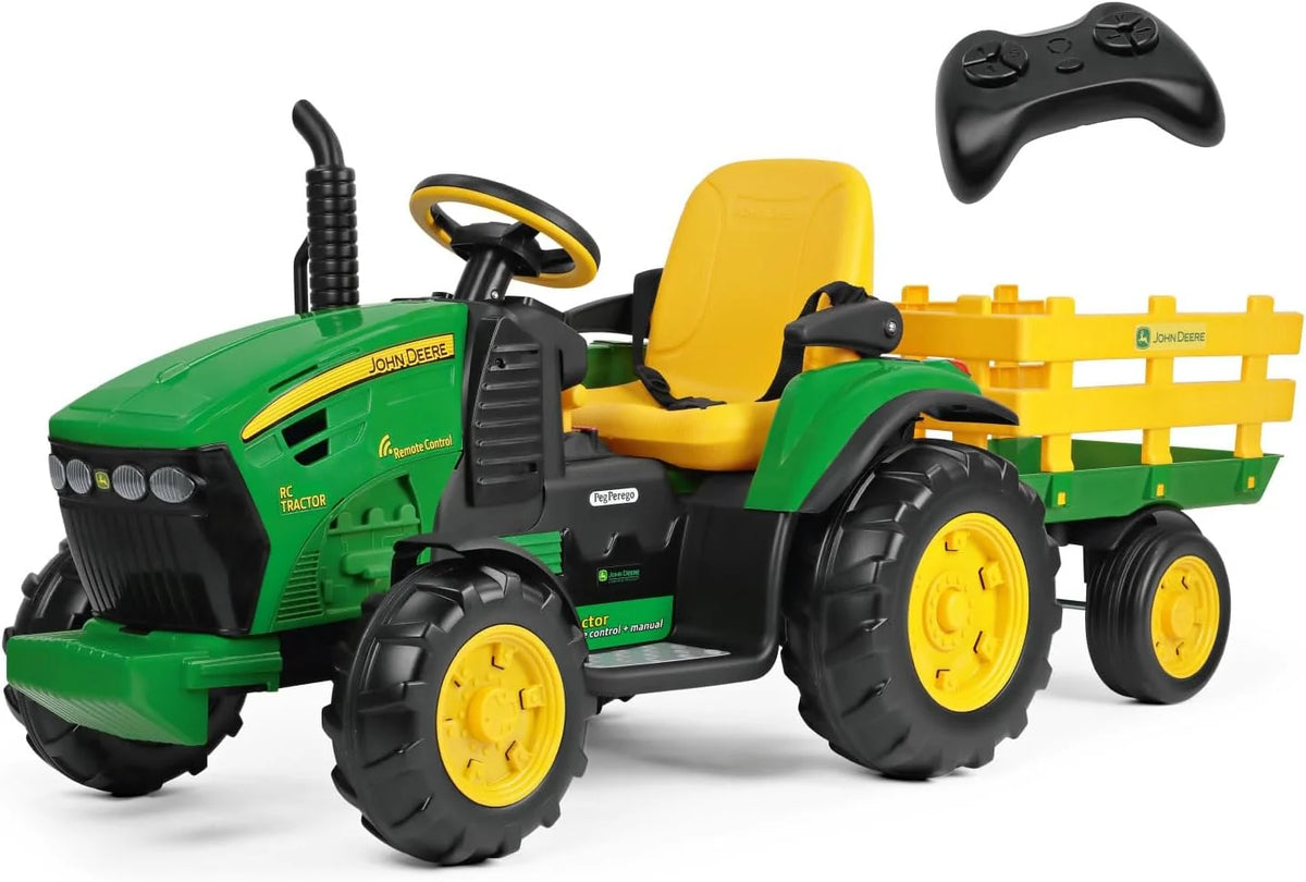 Ciągnik elektryczny John Deere RC Peg Perego – elektryczny, zdalnie sterowany ciągnik dla dzieci, 12 V, z przyczepą, pilotem, napędem na 2 koła, radiem FM, 1 rok