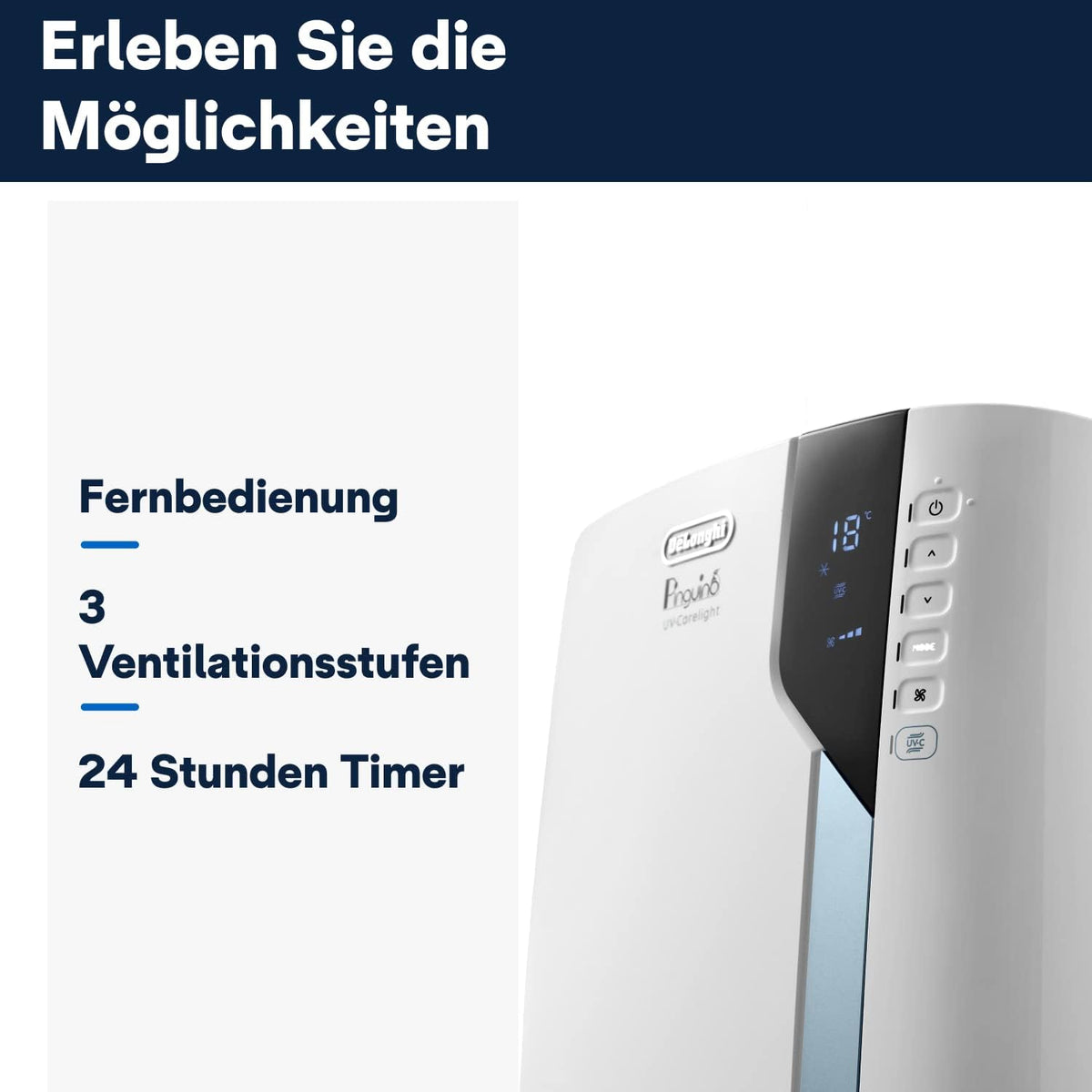 De'Longhi Pinguino PAC EL112 CST WiFi, przenośna klimatyzacja z technologią MyEcoRealFeel do pomieszczeń o kubaturze do 110 m³, 11 000 BTU/h, 2,9 kW, 63 dB, funkcja osuszania, A, sterowanie aplikacją i głosem, kolor biały