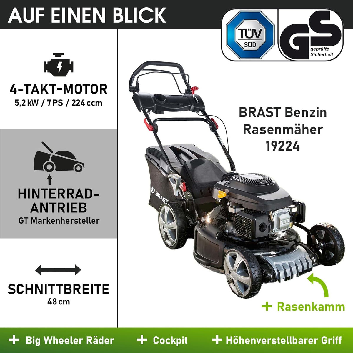 Spalinowa kosiarka do trawy BRAST z napędem | 5,2 kW (7 KM) | Rozruch elektryczny | Szerokość koszenia 48 cm | Różne modele | Certyfikat TÜV | Silnik czterosuwowy OHV | Wysokość koszenia 30–80 mm | Kosz na trawę 60 l | Stalowa obudowa | Model 19224 E