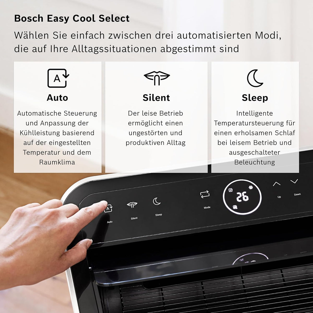 Klimatyzator przenośny Bosch Cool 4000 – 3 w 1: klimatyzator, osuszacz powietrza, wentylator – 2,6 kW do pomieszczeń o powierzchni do 35 m² – z trybem automatycznym, trybem cichym i trybem uśpienia