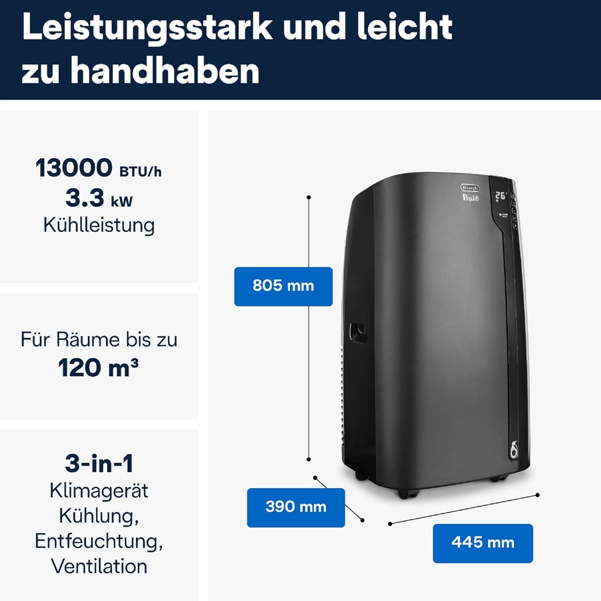 De'Longhi Pinguino PAC EL112 CST WiFi, przenośna klimatyzacja z technologią MyEcoRealFeel do pomieszczeń o kubaturze do 110 m³, 11 000 BTU/h, 2,9 kW, 63 dB, funkcja osuszania, A, sterowanie aplikacją i głosem, kolor biały