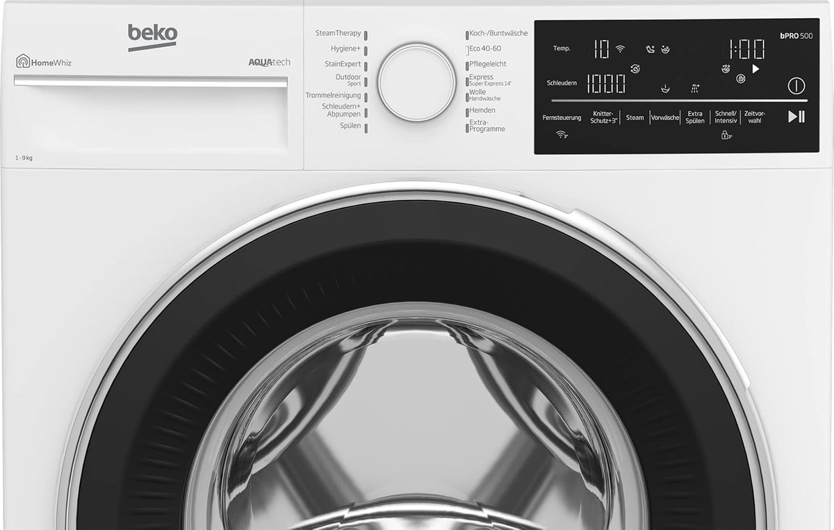 Pralka wolnostojąca Beko B5WFU58418W bPRO 500, w pełni automatyczna, 8 kg, AquaTech, wybór prędkości wirowania, 1400 obr./min, Bluetooth, funkcja pary, odpowiednia dla alergików, biała