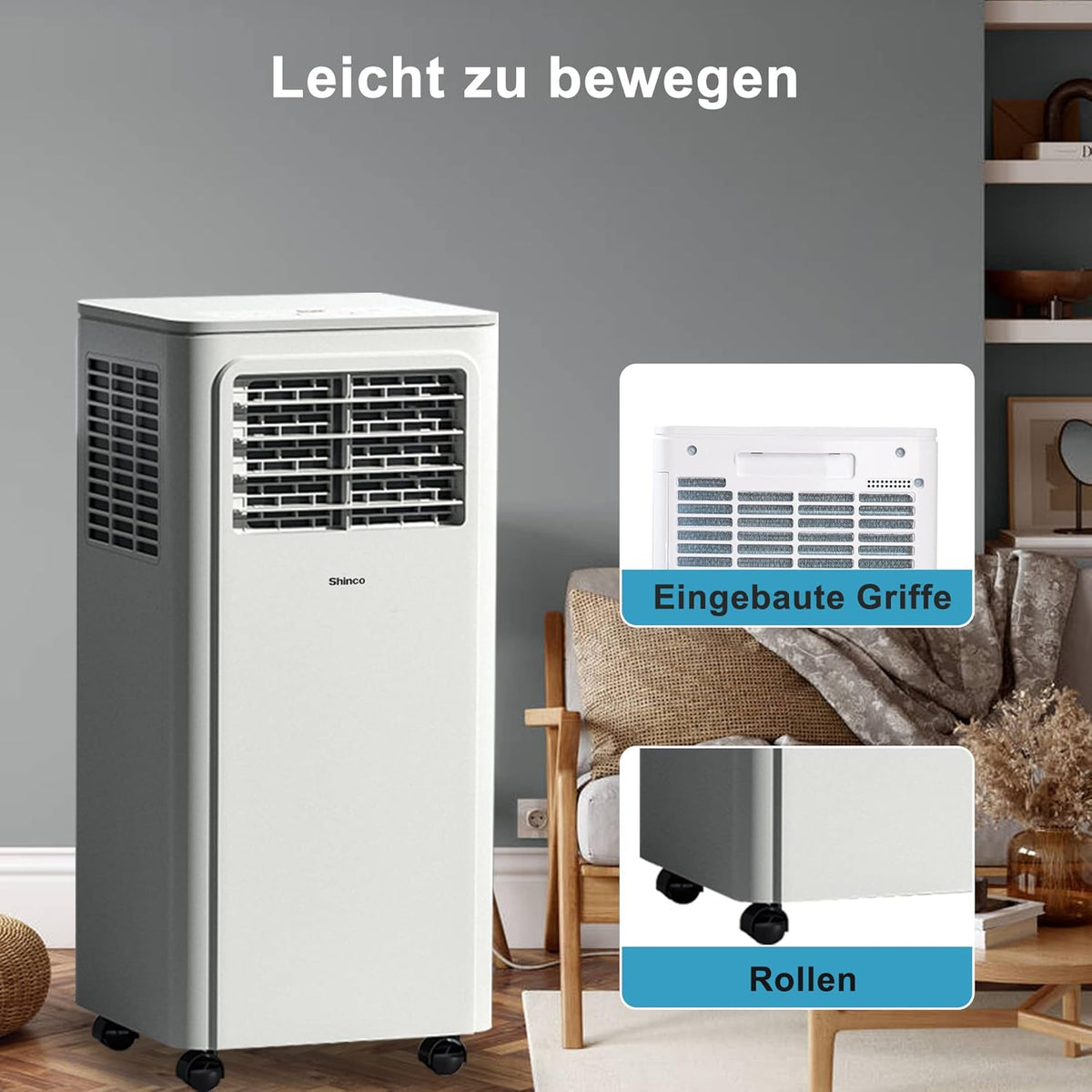 Przenośna klimatyzacja SHINCO z przewodem wydechowym, 9000 BTU, 2,6 kW, chłodzenie, wentylacja i osuszanie, przenośna klimatyzacja z trybem uśpienia, powierzchnia pomieszczenia do 22 m², 24-godzinny timer