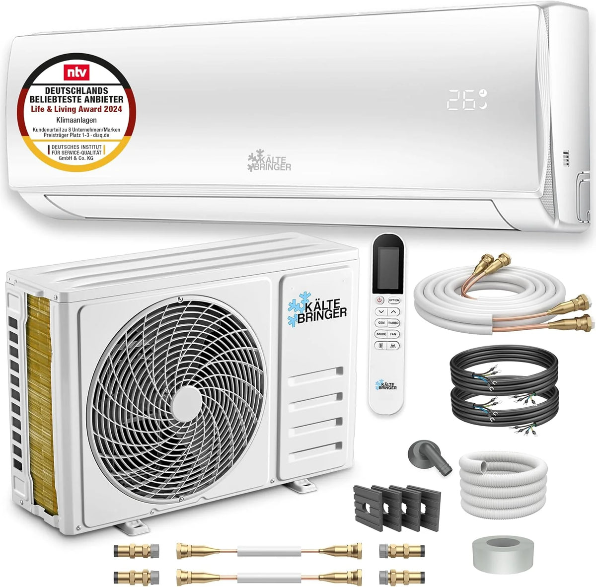 Klimatyzator typu split firmy Kältebringer z funkcją szybkiego łączenia – 12000 BTU (3,4 kW) z funkcją grzania, Wi-Fi i aplikacją, do 91 m2, bardzo cichy – 5 m rur miedzianych, czynnik chłodniczy R32, materiały montażowe, uchwyt ścienny