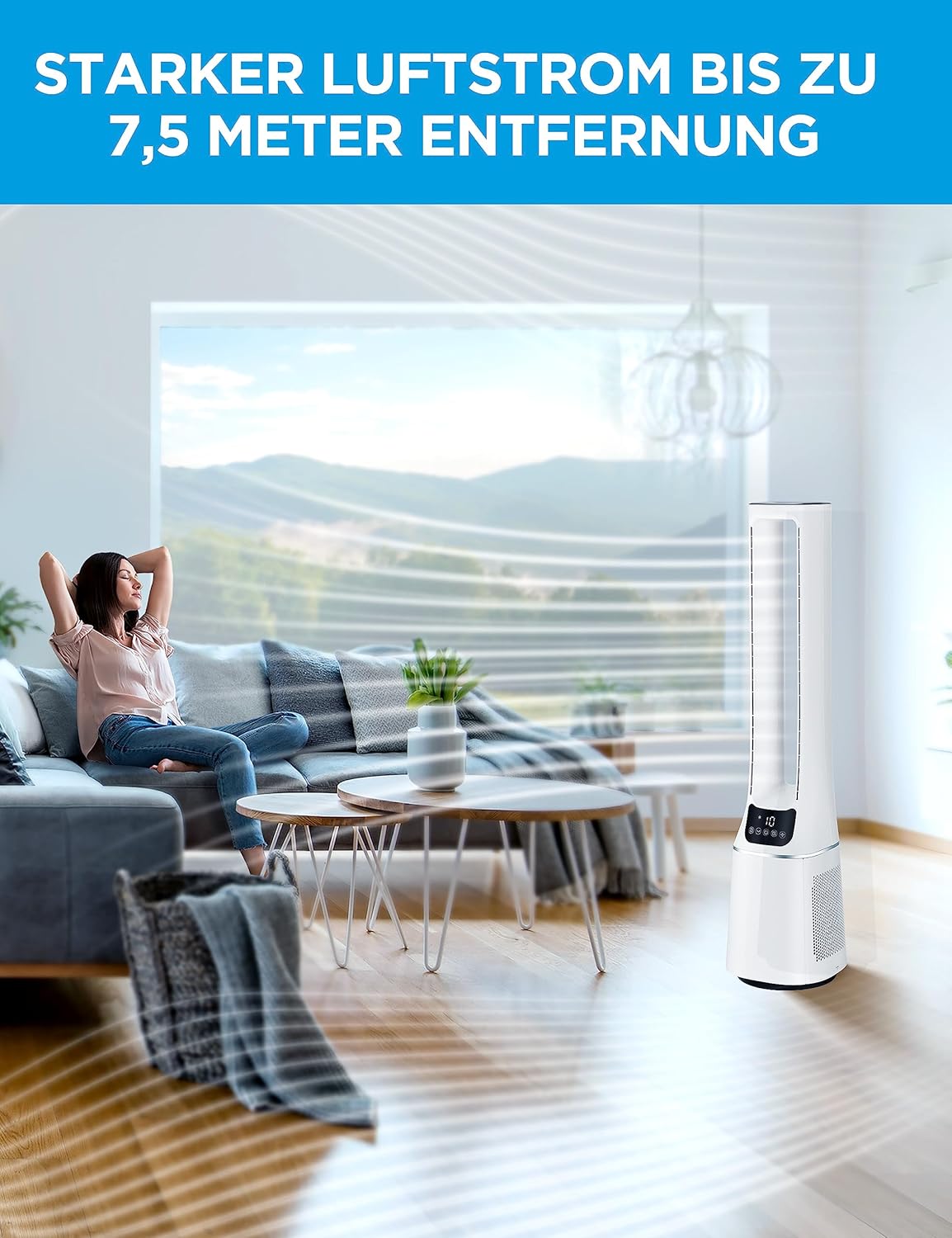 Midea MFP-120i (BL) 2-w-1 wentylator wieżowy, cichy oczyszczacz powietrza 38 dB, filtr HEPA H13 True, 47,6 m², wyświetlacz LED, pilot zdalnego sterowania, oscylacja, 12-godzinny timer, kompatybilny z połączeniem bezprzewodowym, Alexa i Asystentem Goo