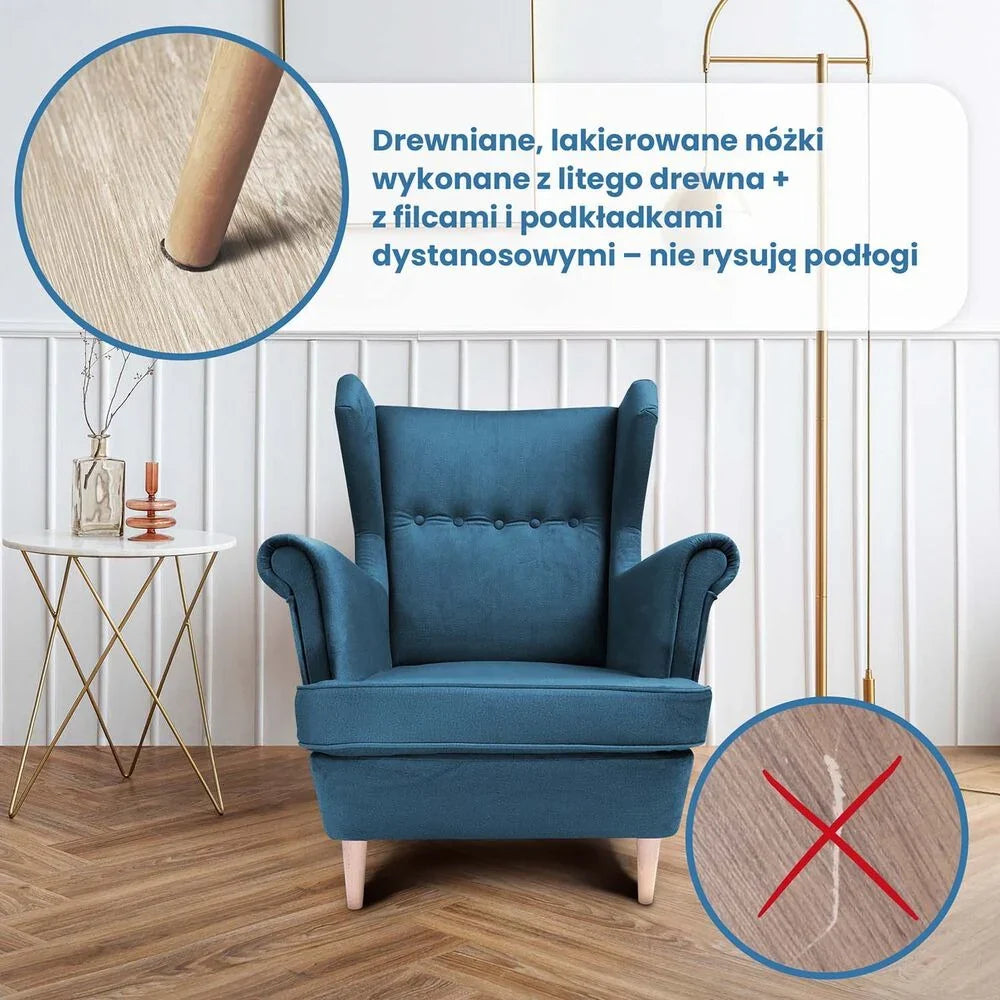 Jane Royal fauteuil met hoge rugleuning en voetenbankje, turquoise
