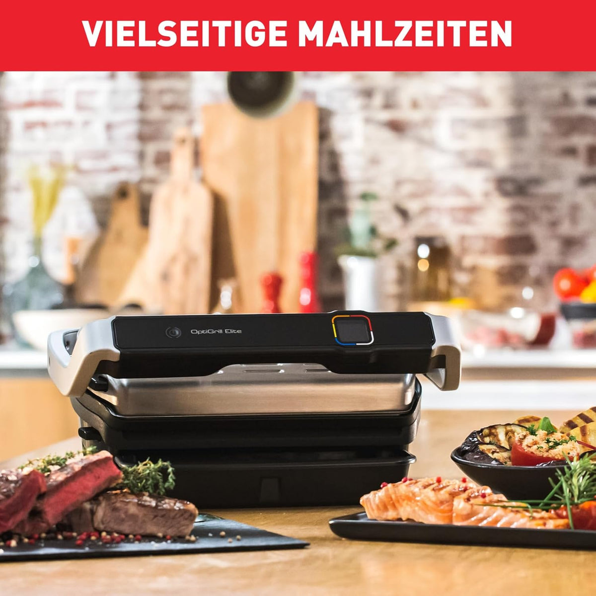 Grill kontaktowy Tefal OptiGrill Elite, 12 programów, wyświetlacz cyfrowy ze wskaźnikiem poziomu wysmażenia, wyjmowane płyty, grill elektryczny, stal nierdzewna, GC750D16