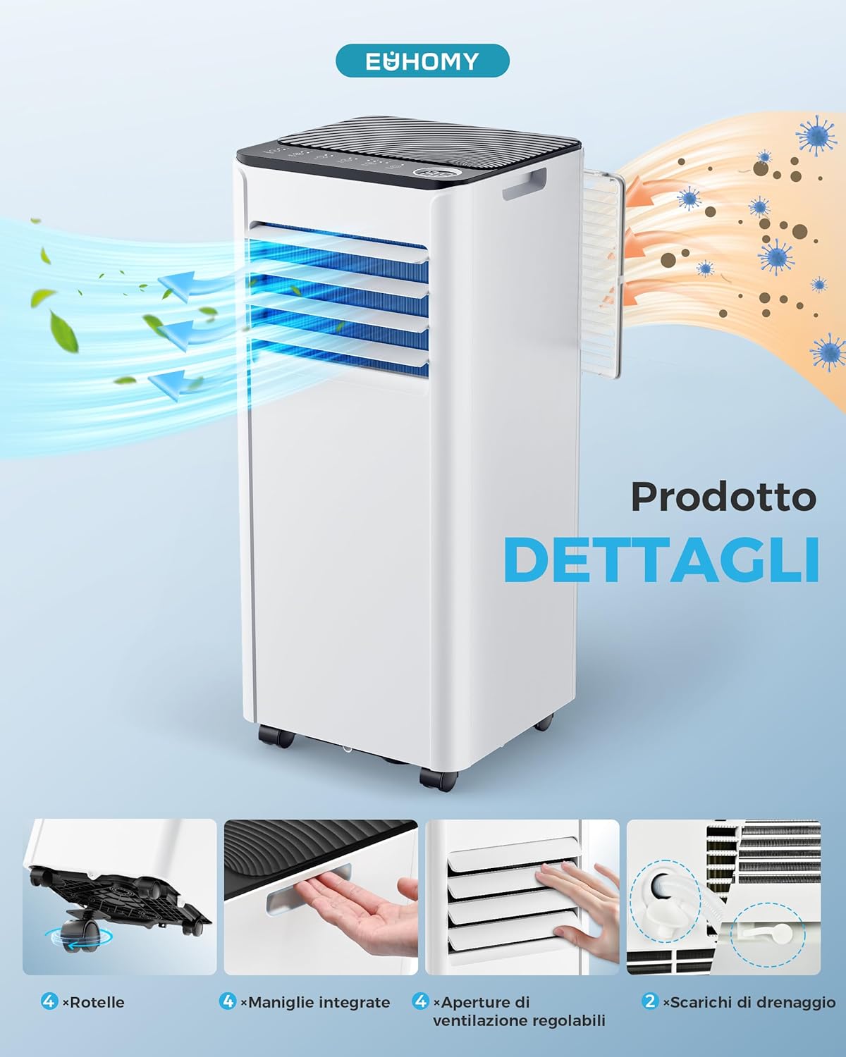 Przenośny klimatyzator 9000 BTU z rurą wylotową | Klimatyzator przenośny 4 w 1 | Cicha praca