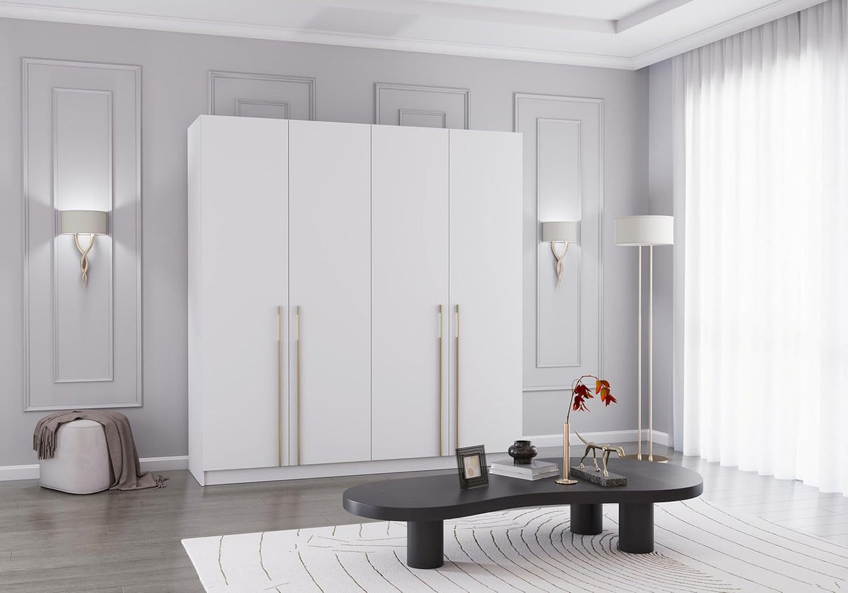 Szafa z drzwiami uchylnymi Fabryka Mebli Idźczak, Szafa do sypialni, 57 x 200 x 210 cm, Szafa do salonu, Wieszak na ubrania, Szafka z półkami i dwoma drążkami na ubrania, Biała