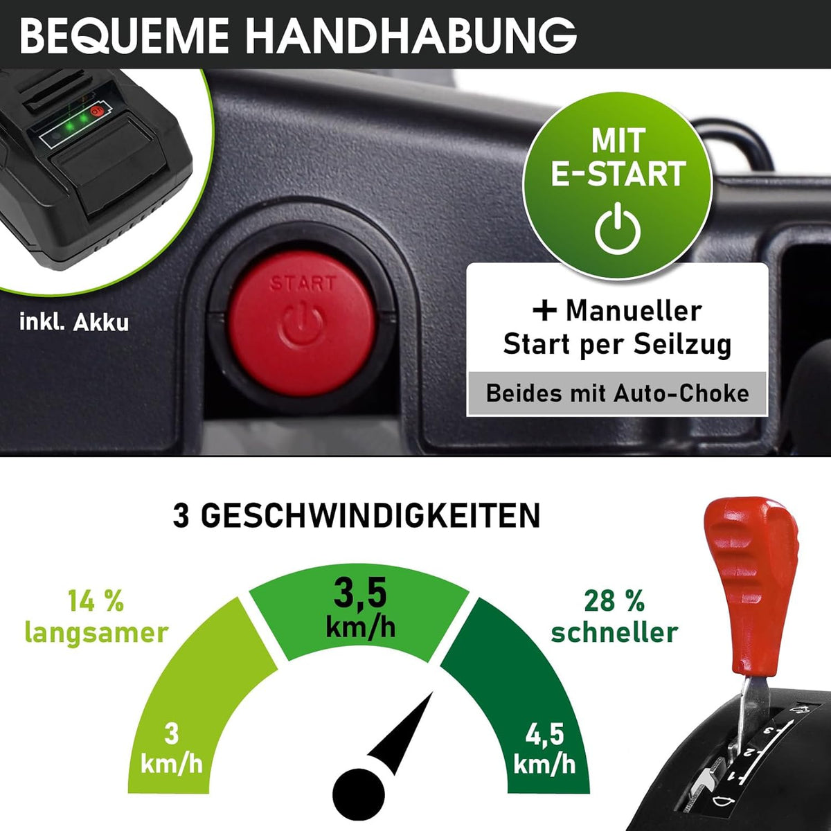 Spalinowa kosiarka do trawy BRAST z napędem | 5,2 kW (7 KM) | Rozruch elektryczny | Szerokość koszenia 48 cm | Różne modele | Certyfikat TÜV | Silnik czterosuwowy OHV | Wysokość koszenia 30–80 mm | Kosz na trawę 60 l | Stalowa obudowa | Model 19224 E