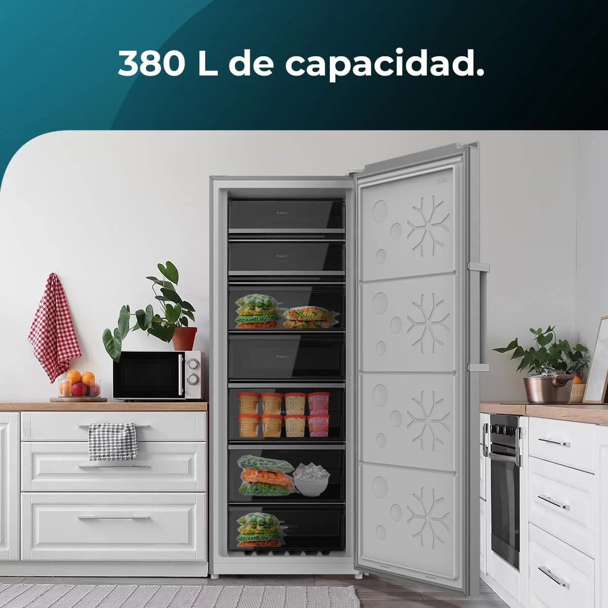 Zamrażarka pionowa Cecotec Bolero CoolMarket UF 380 inox 380L, 1950 W, silnik Inverter Plus, niskie zużycie energii, całkowity brak szronu, drzwiczki wystawowe, możliwość przekształcenia w lodówkę, wieloprzepływowy przepływ powietrza