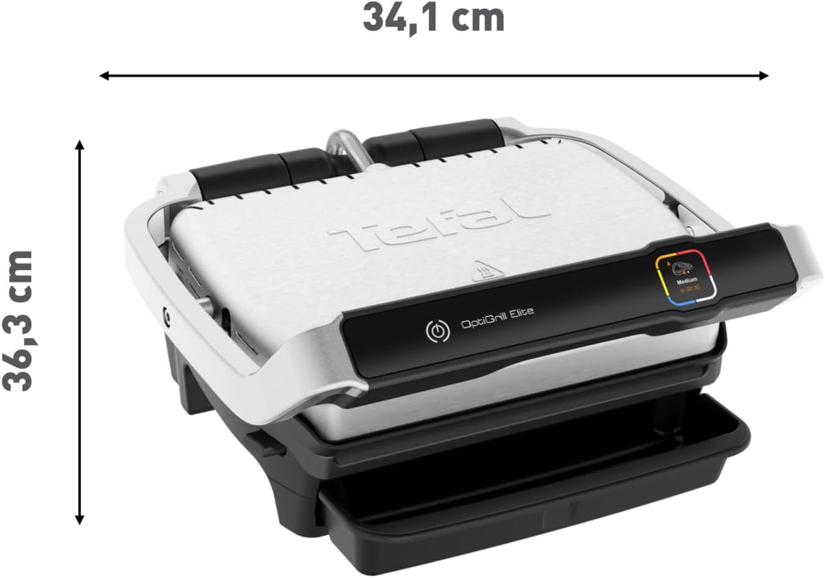 Grill kontaktowy Tefal OptiGrill Elite, 12 programów, wyświetlacz cyfrowy ze wskaźnikiem poziomu wysmażenia, wyjmowane płyty, grill elektryczny, stal nierdzewna, GC750D16