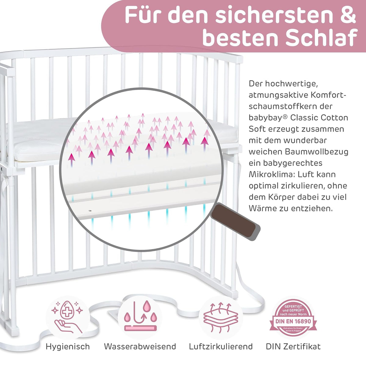 Oryginalne łóżeczko dostawne Babybay z litego drewna bukowego / kompaktowe i rozkładane / płynna regulacja wysokości łóżeczka i przyjazne dla środowiska / rośnie wraz z dzieckiem (lakierowane na biało) / w zestawie materac