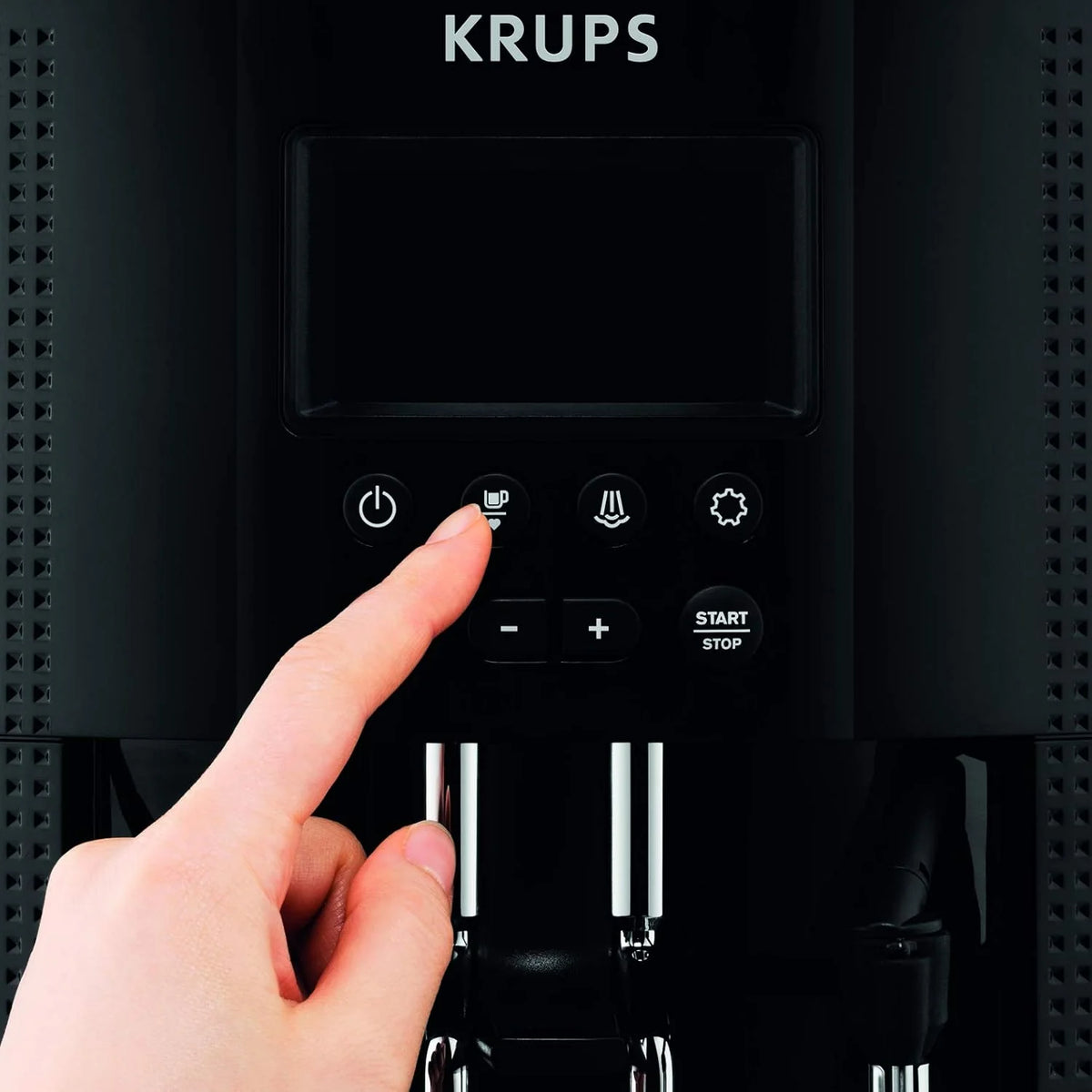 Ekspres do kawy Krups Essential w pełni automatyczny z wężykiem do mleka, funkcja parzenia 2 filiżanek, wyświetlacz LCD, łatwe czyszczenie, certyfikat TÜV, czarny, EA816031