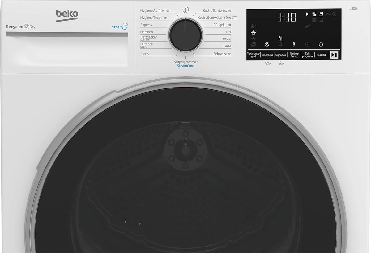 Beko 8 kg wasdroger, Stiftung Warentest beoordeling "Goed" (2,5), geschikt voor mensen met allergieën, Hygiënisch droogprogramma, SteamCure stoomfunctie, 15 programma's, Express programma, B3T42249S, wit