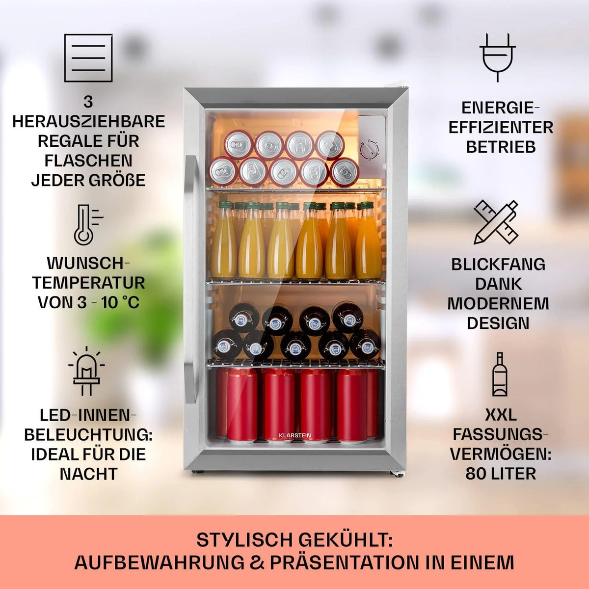 Klarstein Mini lodówka z drzwiami szklanymi do pomieszczeń, chłodziarka na napoje z regulowanymi półkami, mała 80 litrów, do użytku wewnątrz i na zewnątrz, cicha