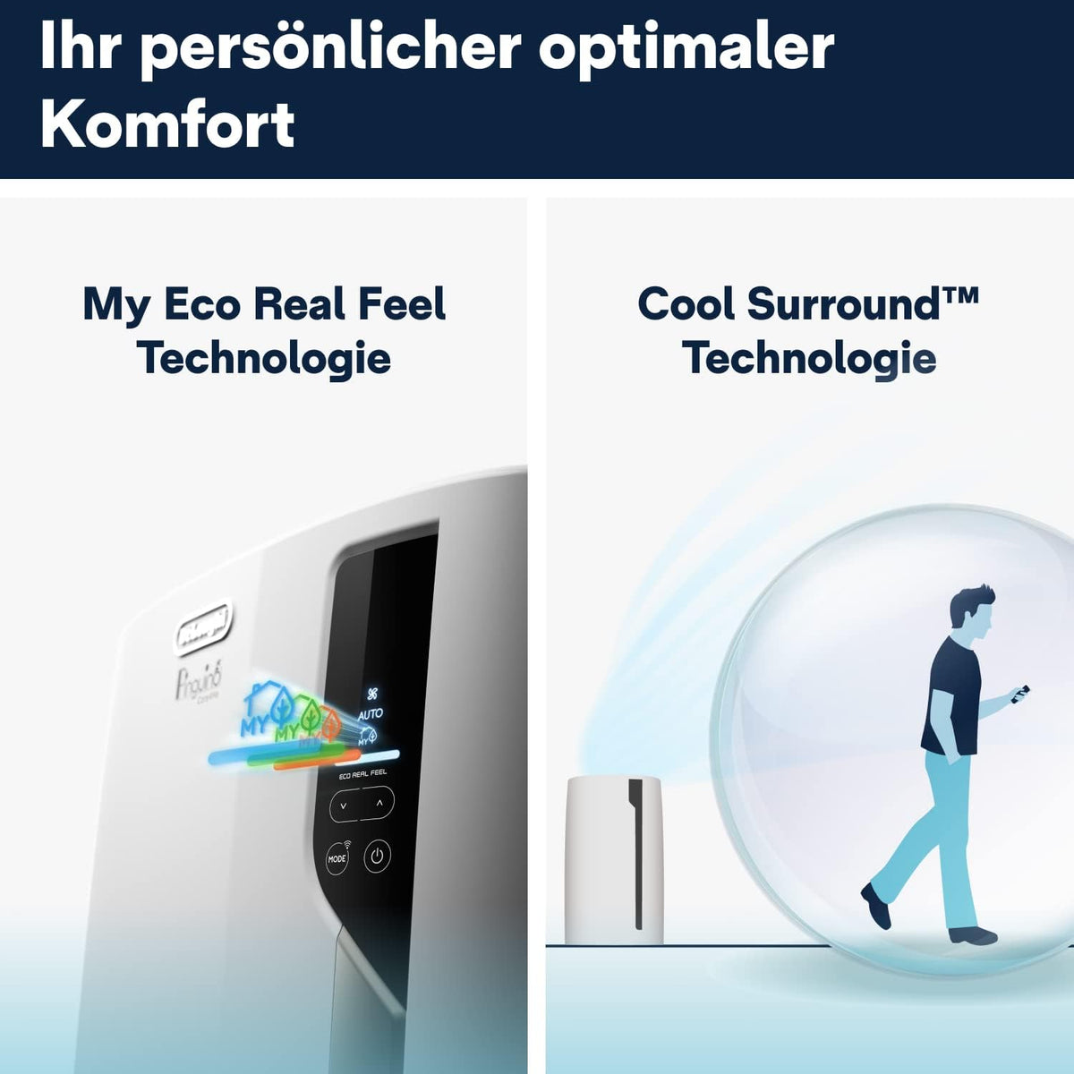 De'Longhi Pinguino PAC EL112 CST WiFi, przenośna klimatyzacja z technologią MyEcoRealFeel do pomieszczeń o kubaturze do 110 m³, 11 000 BTU/h, 2,9 kW, 63 dB, funkcja osuszania, A, sterowanie aplikacją i głosem, kolor biały