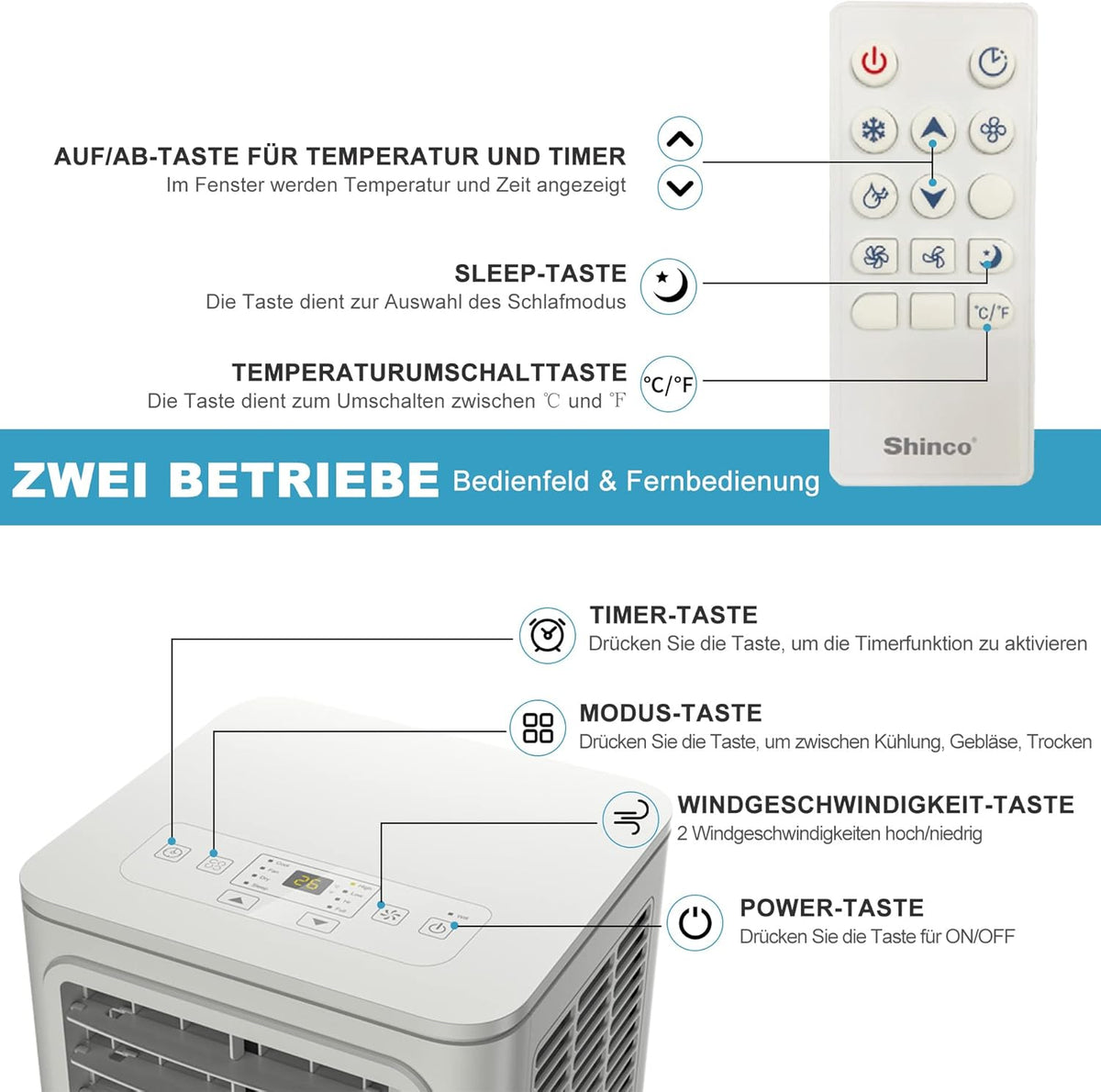 Przenośna klimatyzacja SHINCO z przewodem wydechowym, 9000 BTU, 2,6 kW, chłodzenie, wentylacja i osuszanie, przenośna klimatyzacja z trybem uśpienia, powierzchnia pomieszczenia do 22 m², 24-godzinny timer