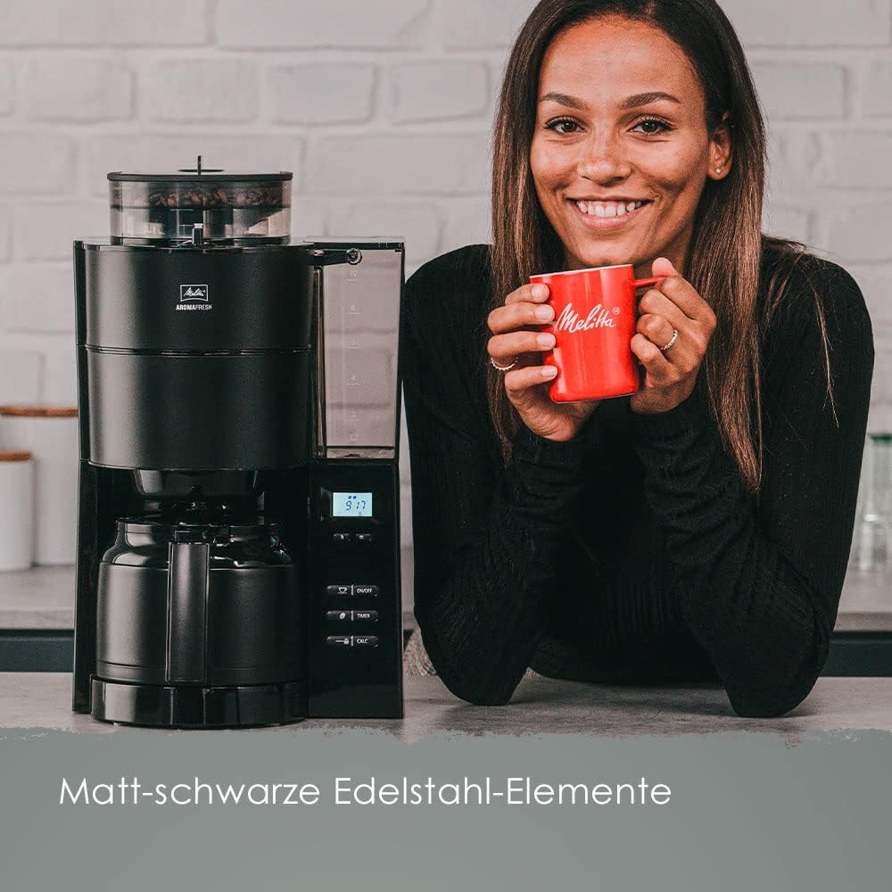 Melitta AromaFresh - Ekspres przelewowy - ze szklanym dzbankiem - wbudowanym młynkiem - funkcją timera - 10 filiżanek - Czysta czerń