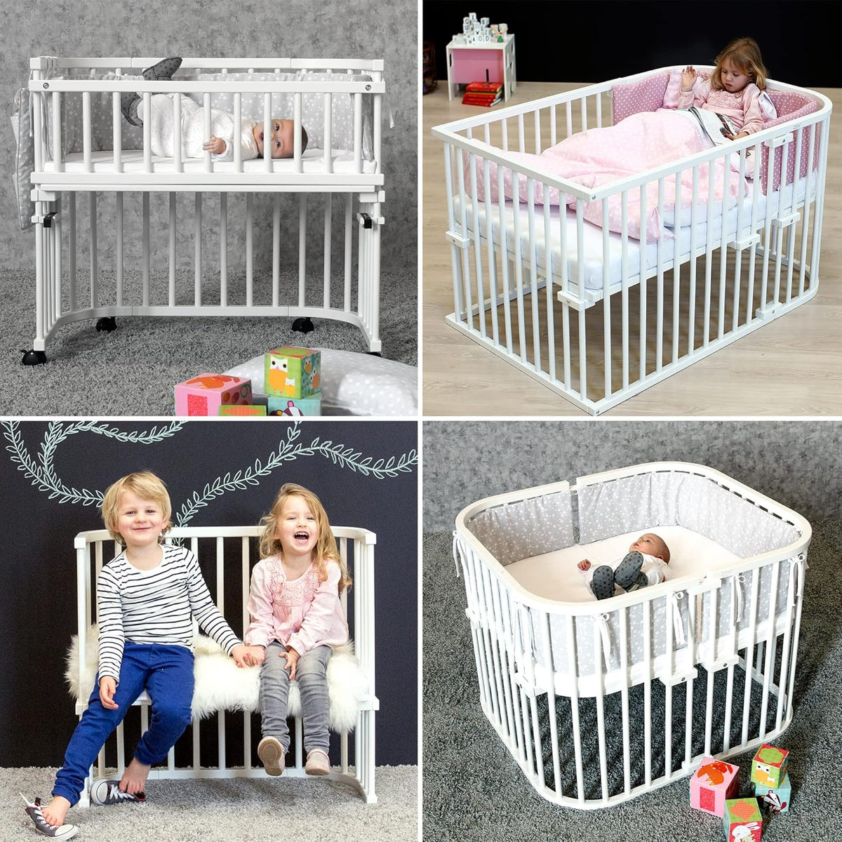 Oryginalne łóżeczko dostawne Babybay z litego drewna bukowego / kompaktowe i rozkładane / płynna regulacja wysokości łóżeczka i przyjazne dla środowiska / rośnie wraz z dzieckiem (lakierowane na biało) / w zestawie materac